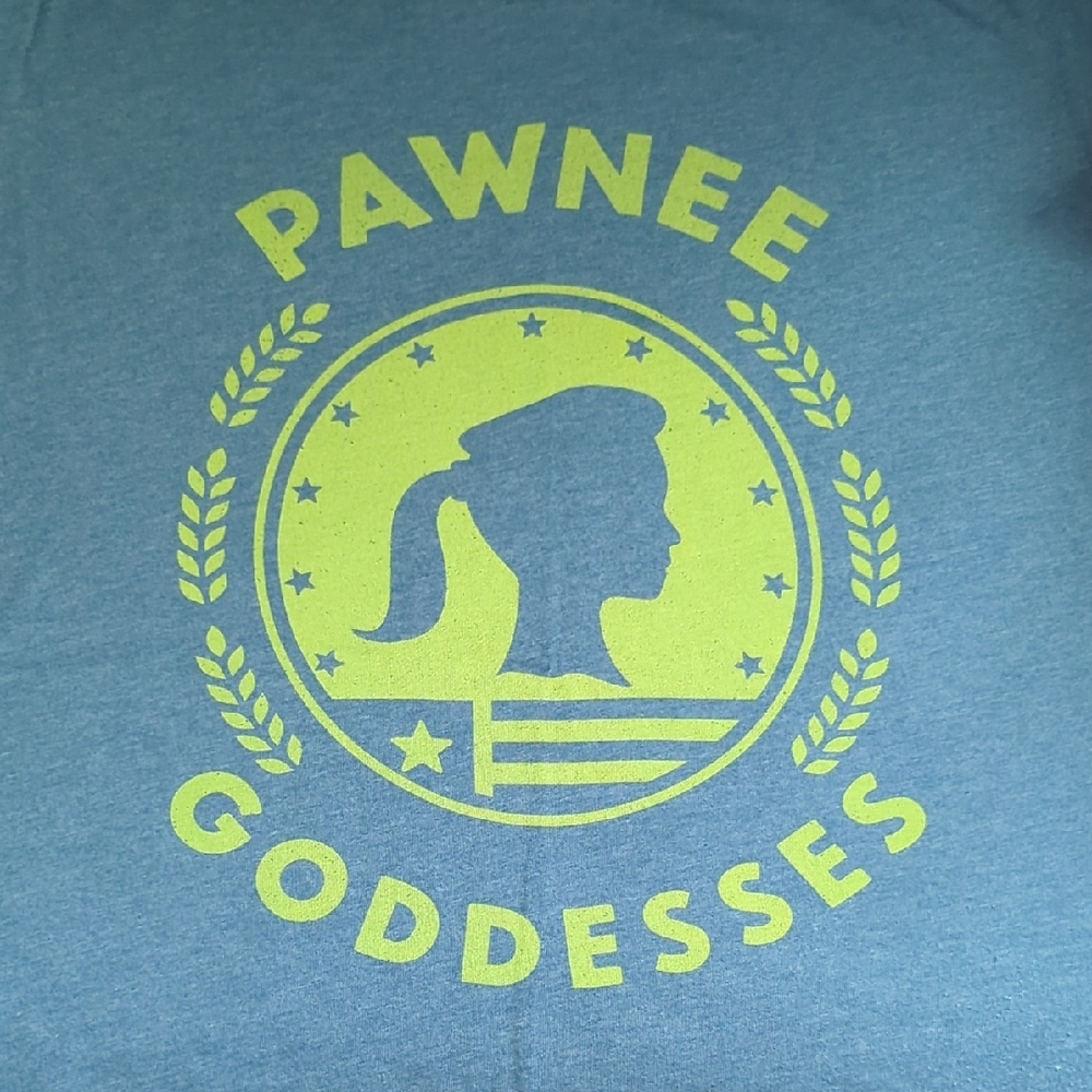 Park's And Rec Pawnee Goddesses - Bella Canvas Blue Tee with Yellow Leaf Design